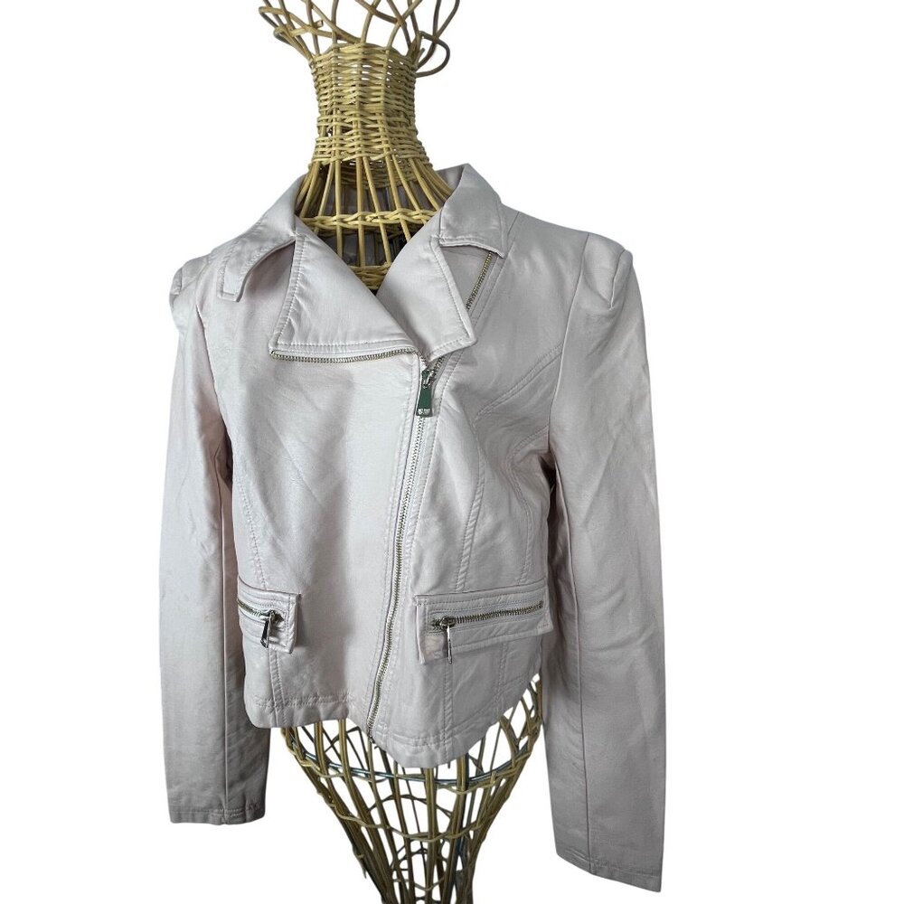 Shinestar Cropped Moto Jacket Faux Leather Beige Blush Zip Shoulder Pads L Y2K - Picture 9 of 16